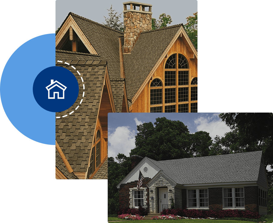 Closeups of Asphalt roofing shingles with house icon